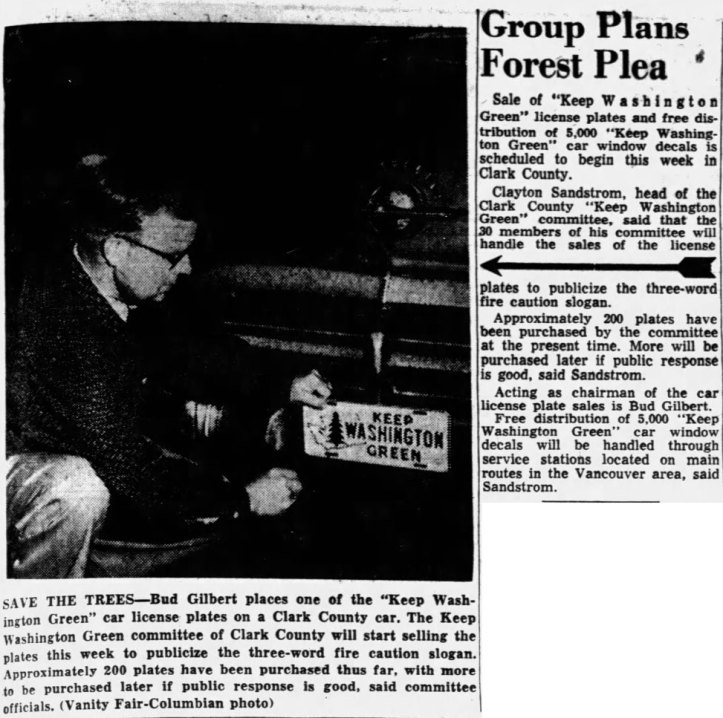 Newspaper report of Clark County government applying Keep Washington Green licenses to official cars