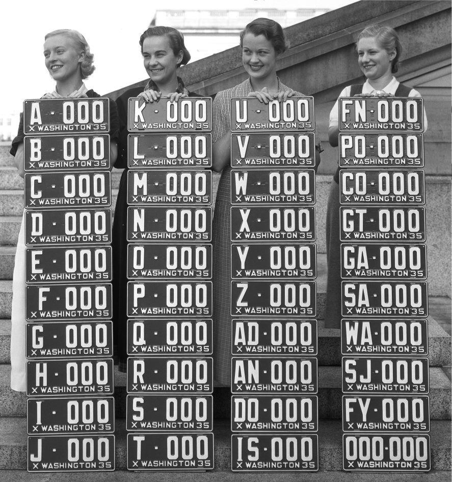 Set of 1935 Washington state license plates, showing one sample plate from each county code.