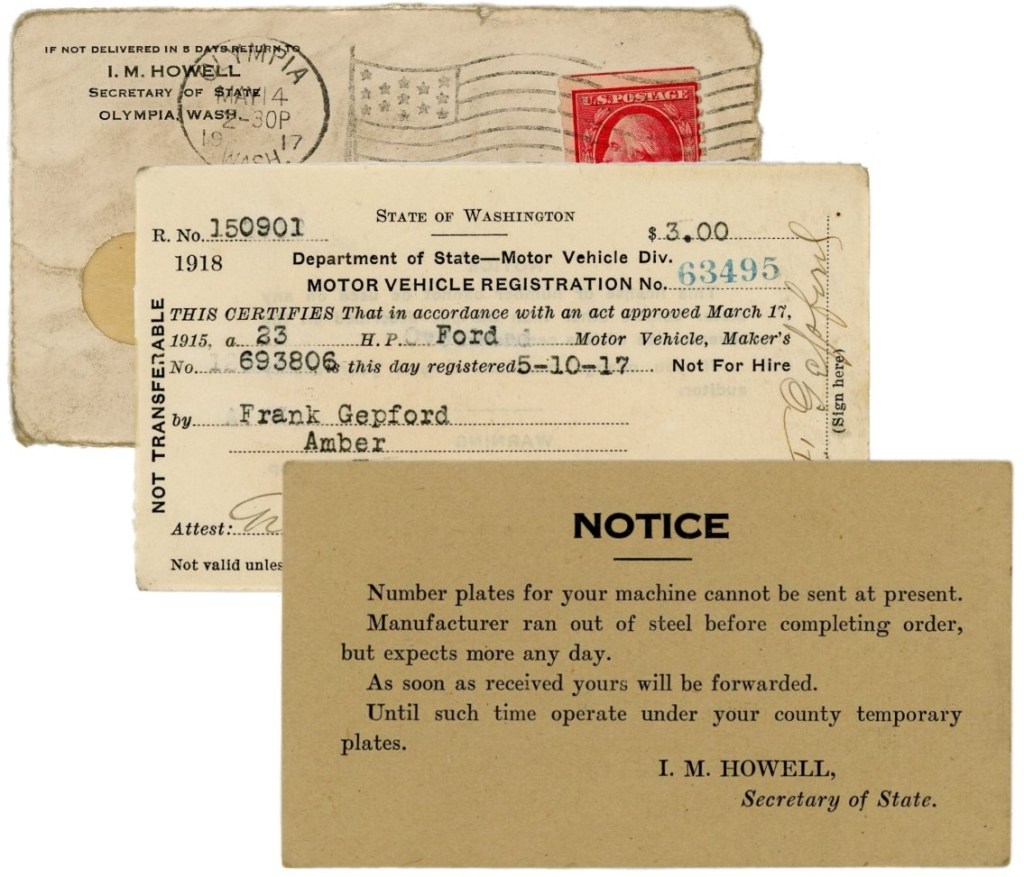 Documentation of Washington state license plate shortages in 1917