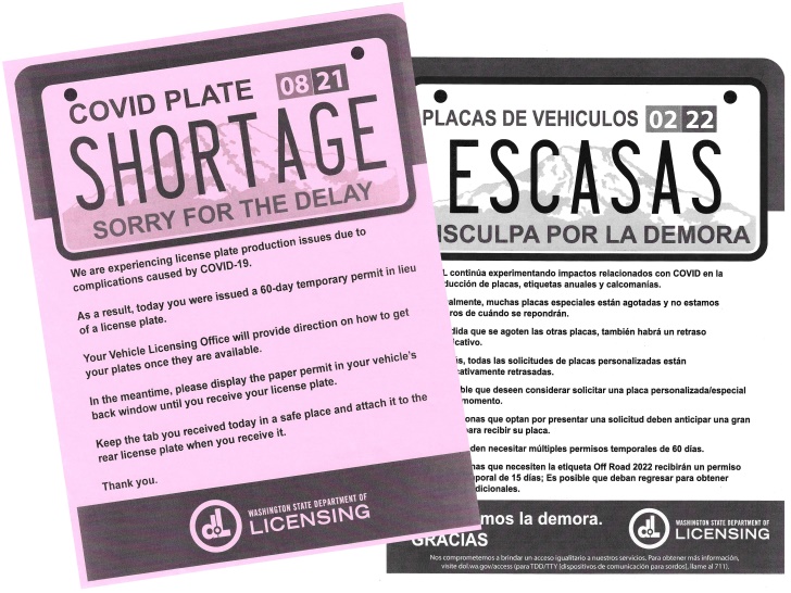 Washington license plate shortage notices