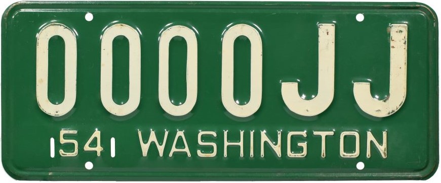 1954 steel base Washington sample license plate 0000 JJ