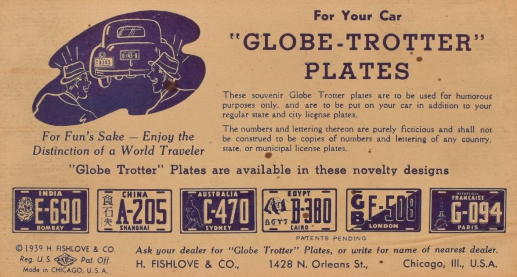 Backside of a Globe-Trotter license plate, with label.