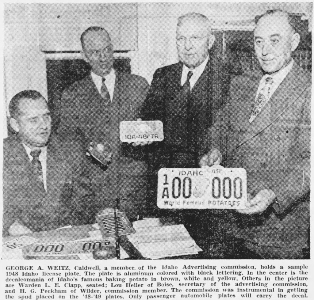 1947 newspaper clipping of 1948 Idaho license plate reveal