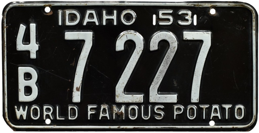 1953 Idaho license plate with "World Famous Potato" slogan