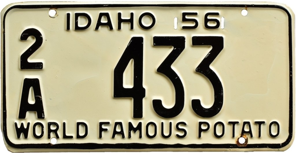 1956 Idaho license plate with "World Famous Potato" slogan