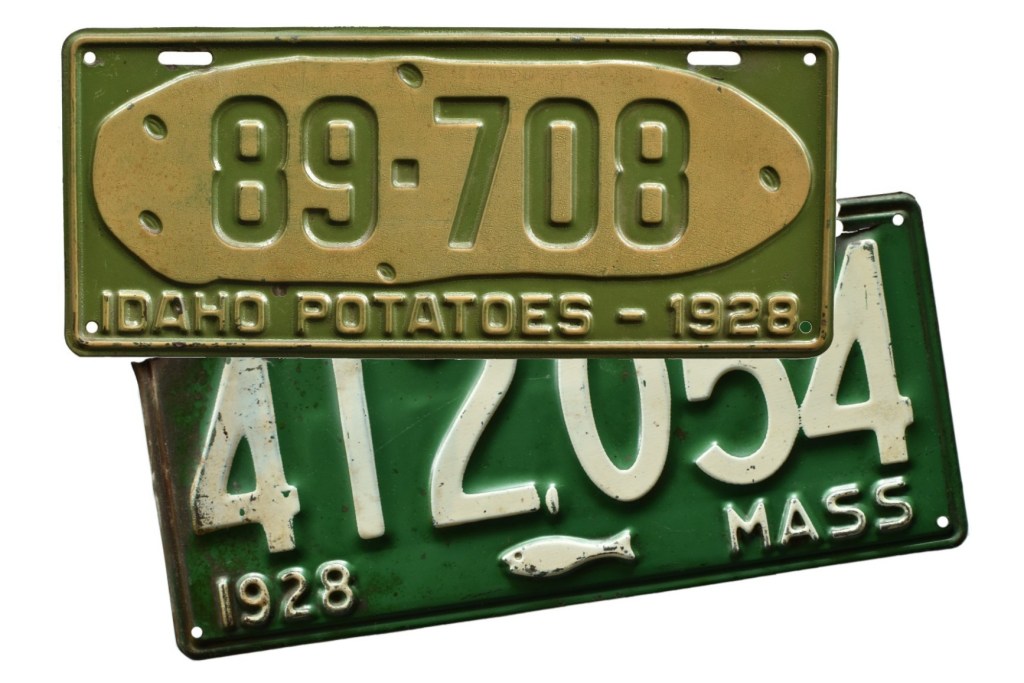 1928 Idaho license plate with embossed potato and 1928 Massachusetts license plate with embossed fish