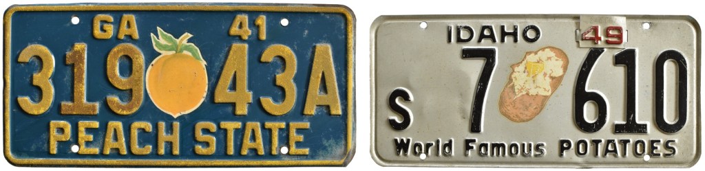 1941 Georgia license plate with peach decal and 1948/49 Idaho license plate with potato decals