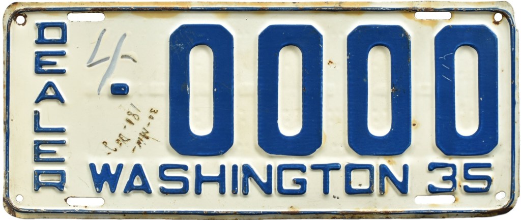 1935 Washington dealer license plate used as a paint production sample for 1936 colors