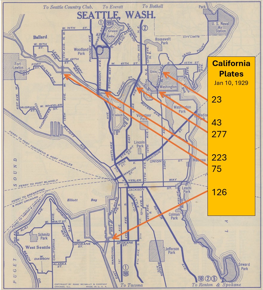Antique roadmap of Seattle showing points where police recorded California-licensed autos on January 10, 1929