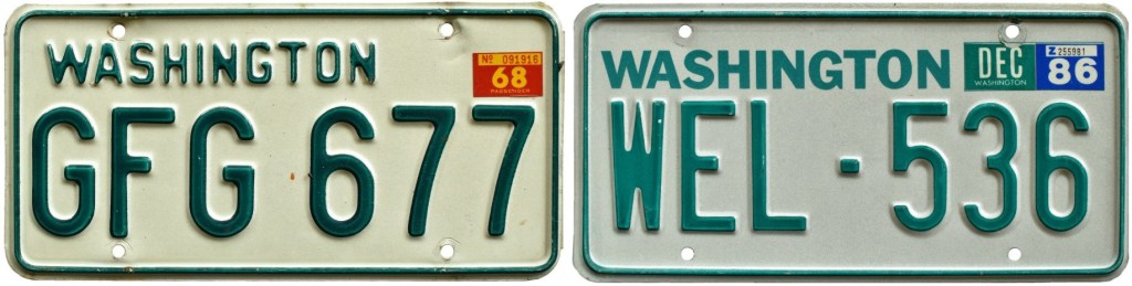 Green on white Washington license plates from the 1960s to 1980s