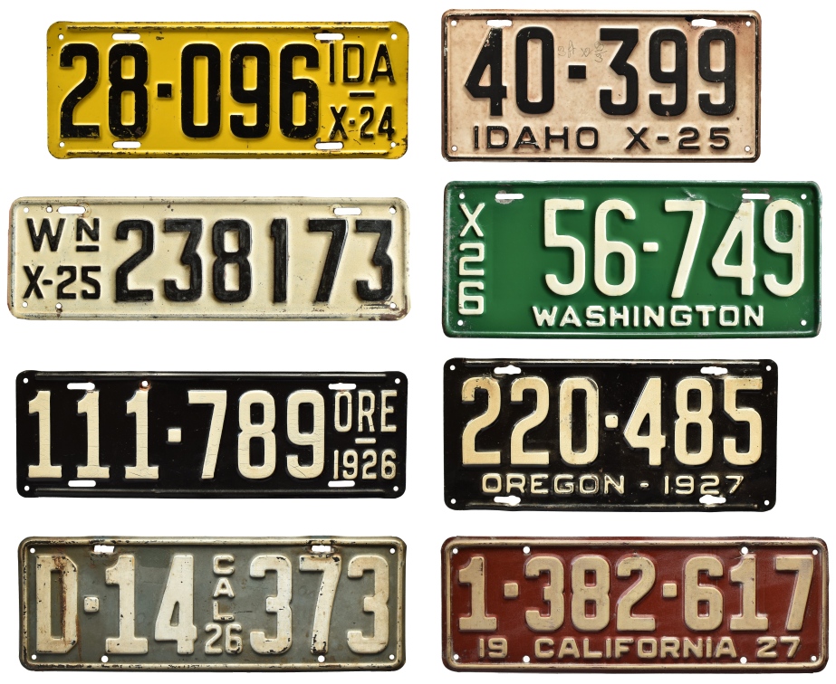License plates transitioning from abbreviations to full state names: Idaho 1924 and 1925, Washington 1925 and 1926, Oregon 1926 and 1927, and California 1926 and 1927
