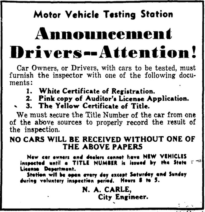 Seattle city notice to motorists from December 12, 1936, advising on the requirements for vehicle testing