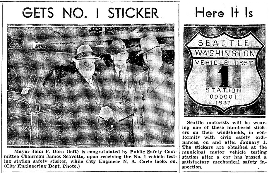 Seattle Times publication on December 2, 1936 showing the mayor receiving the first vehicle inspection sticker