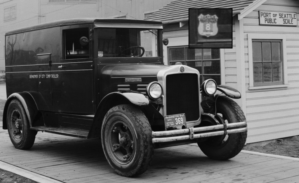 A city of Seattle truck pictured with 1937 license plates and a 1937 Seattle inspection sticker in the windshield