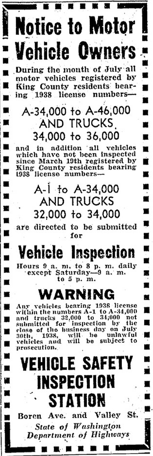 July 1938 notice to motorists on required state testing of vehicles