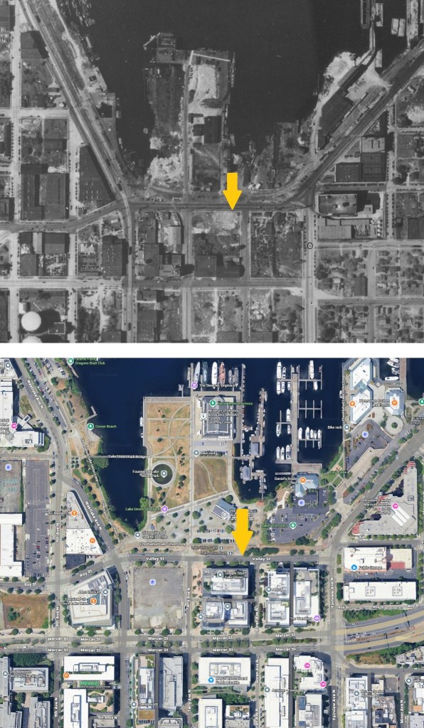 Aerial maps of Seattle's South Lake Union neighborhood, showing the location of the city's vehicle testing site.
