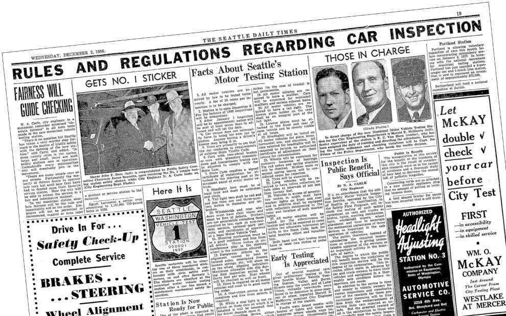 Seattle Times page covering Seattle's vehicle testing process on December 2, 1936