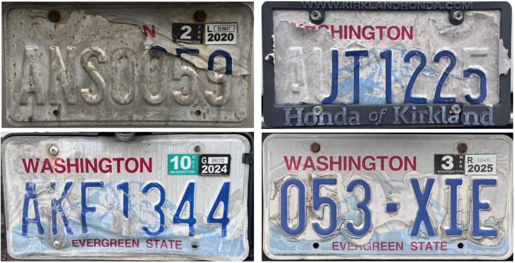 Washington license plates with manufacturing defects causing delamination of the graphic sheeting
