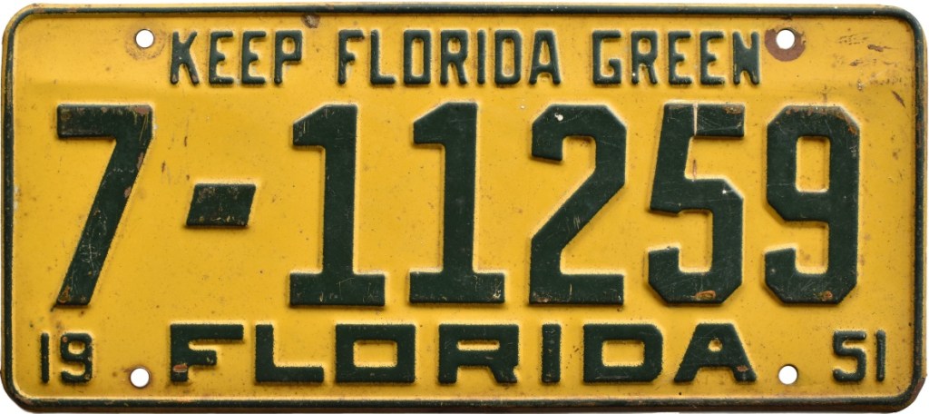 1951 Florida license plate with the "Keep Florida Green" slogan