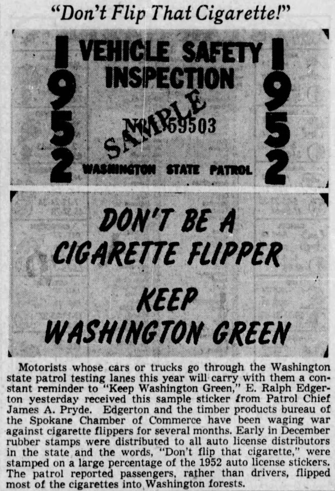 1952 Washington state vehicle safety inspection stickers with the phrase "Don't be a Cigarette Flipper, Keep Washington Green"