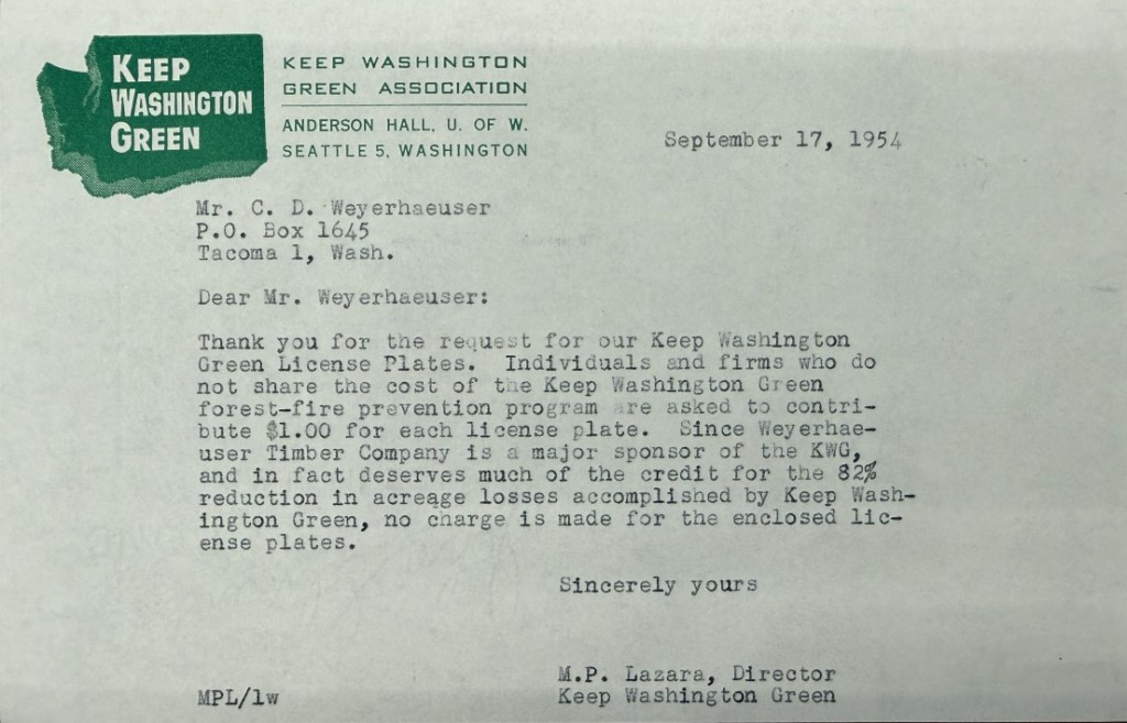 Keep Washington Green letter to Weyerhaeuser regarding Keep Washington Green license plates