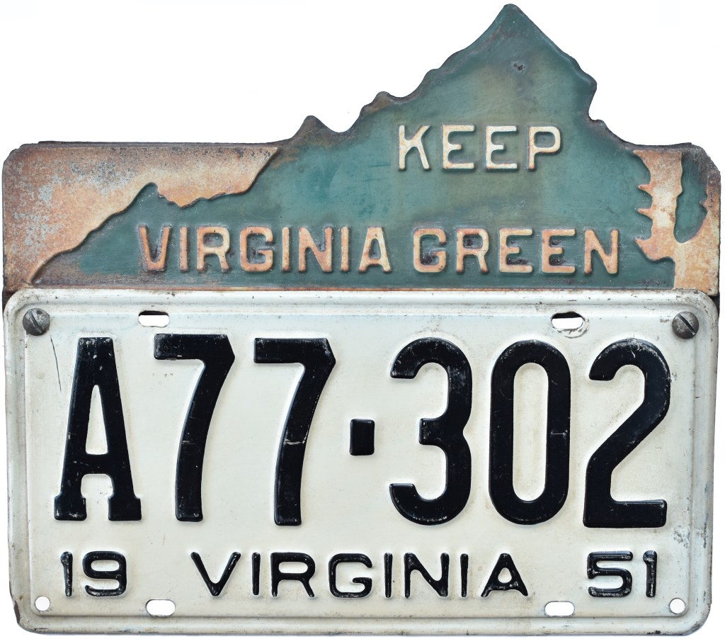 1951 Virginia license plate with a Keep Virginia Green license plate topper