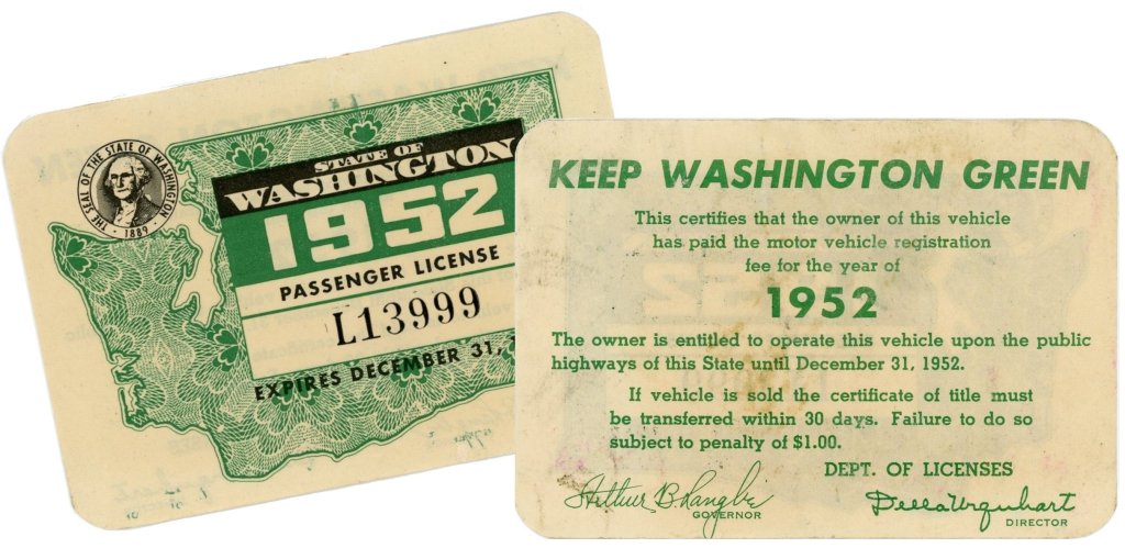 1952 Washington automobile license renewal windshield stickers with Keep Washington Green phrase on the rear