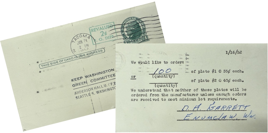 1952 order forms for Keep Washington Green booster license plates