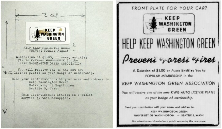 Newspaper ad (and draft) for Keep Washington Green license plates