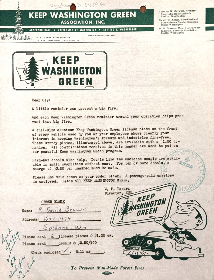 Keep Washington Green marketing letter for front booster license plates