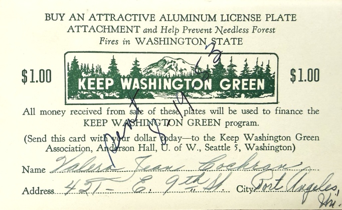 Order form for Keep Washington Green license plate toppers, c. 1947