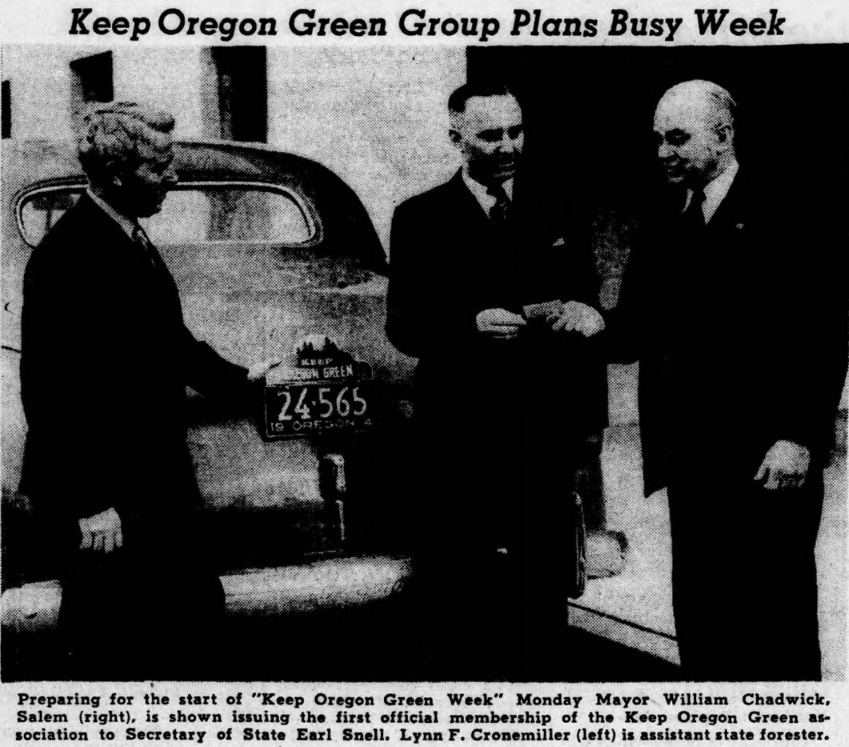 Newspaper photo of a Keep Oregon Green license plate topper in 1941