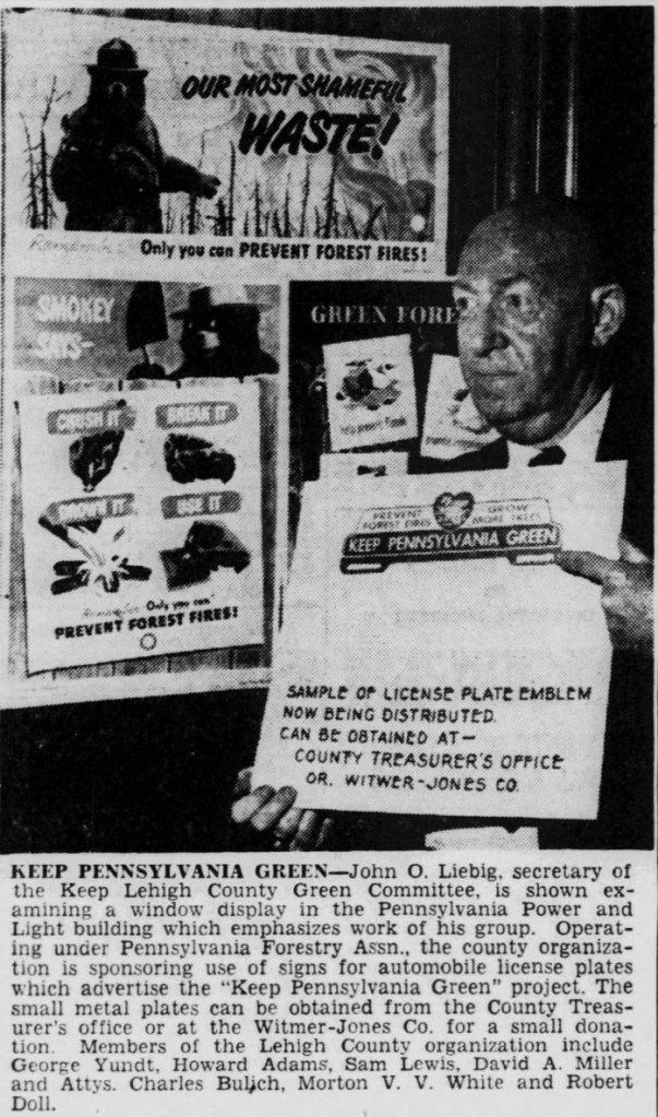 Newspaper photo of a Keep Pennsylvania Green license plate topper in 1951